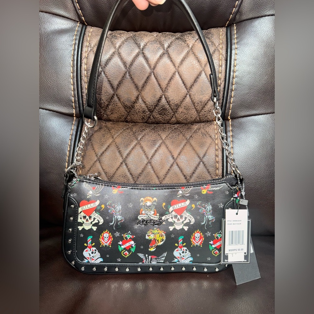 Black ED HARDY Iconic Studs Tattoo Shoulder Crossbody Bag Love Kills Slowly NWT